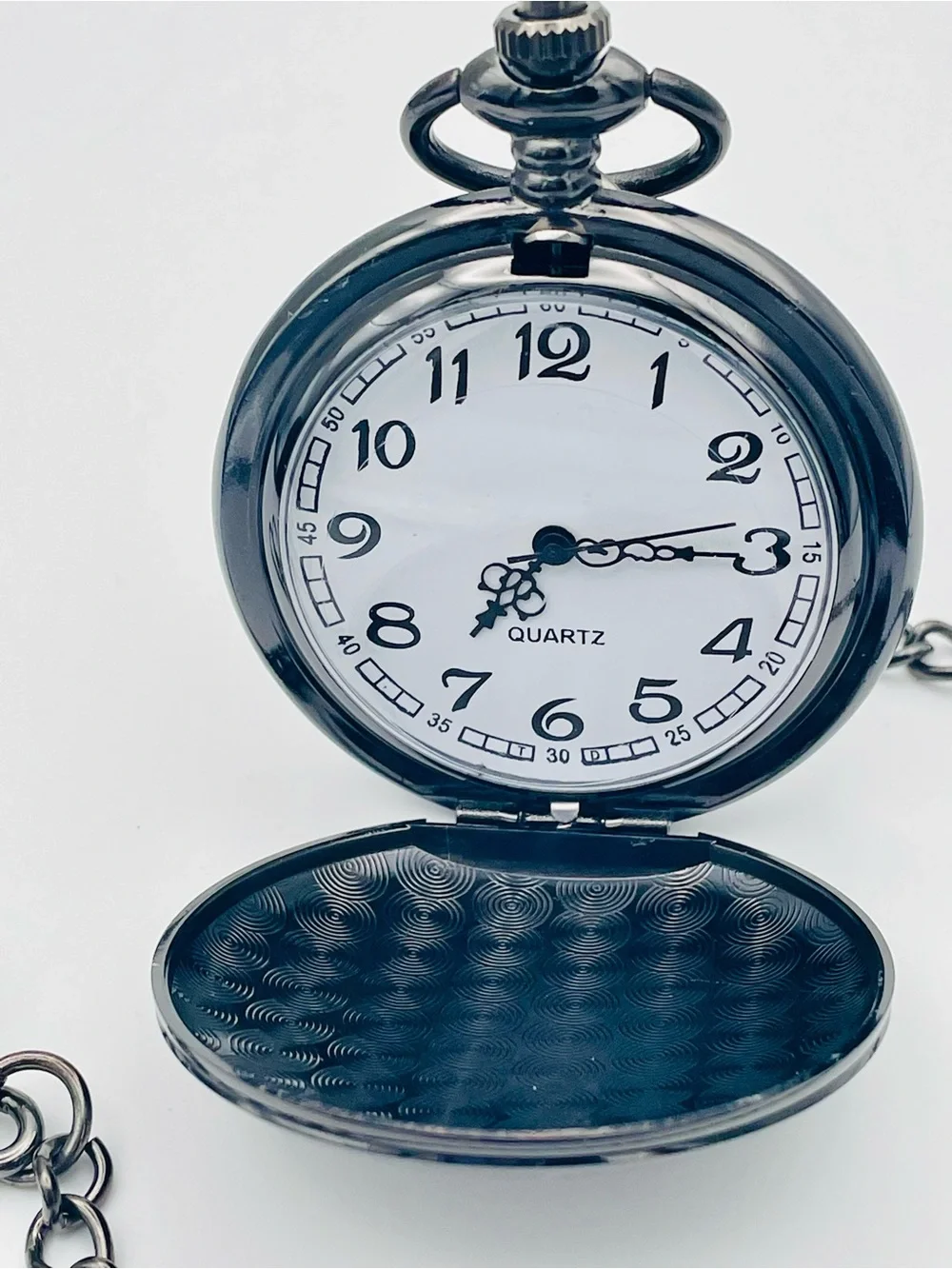 Engraved Gunmetal Pocket Watch with Chain - 